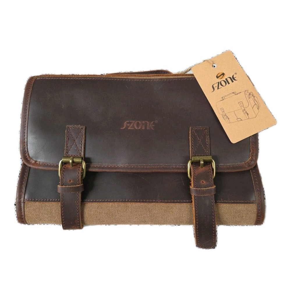 S-Zone‎ Travel Bag Brown Leather & Canvas Saddle Bag Organizer Toiletries Hanger